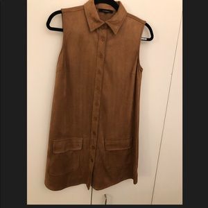 Brown Faux Velvet Button Down Dress